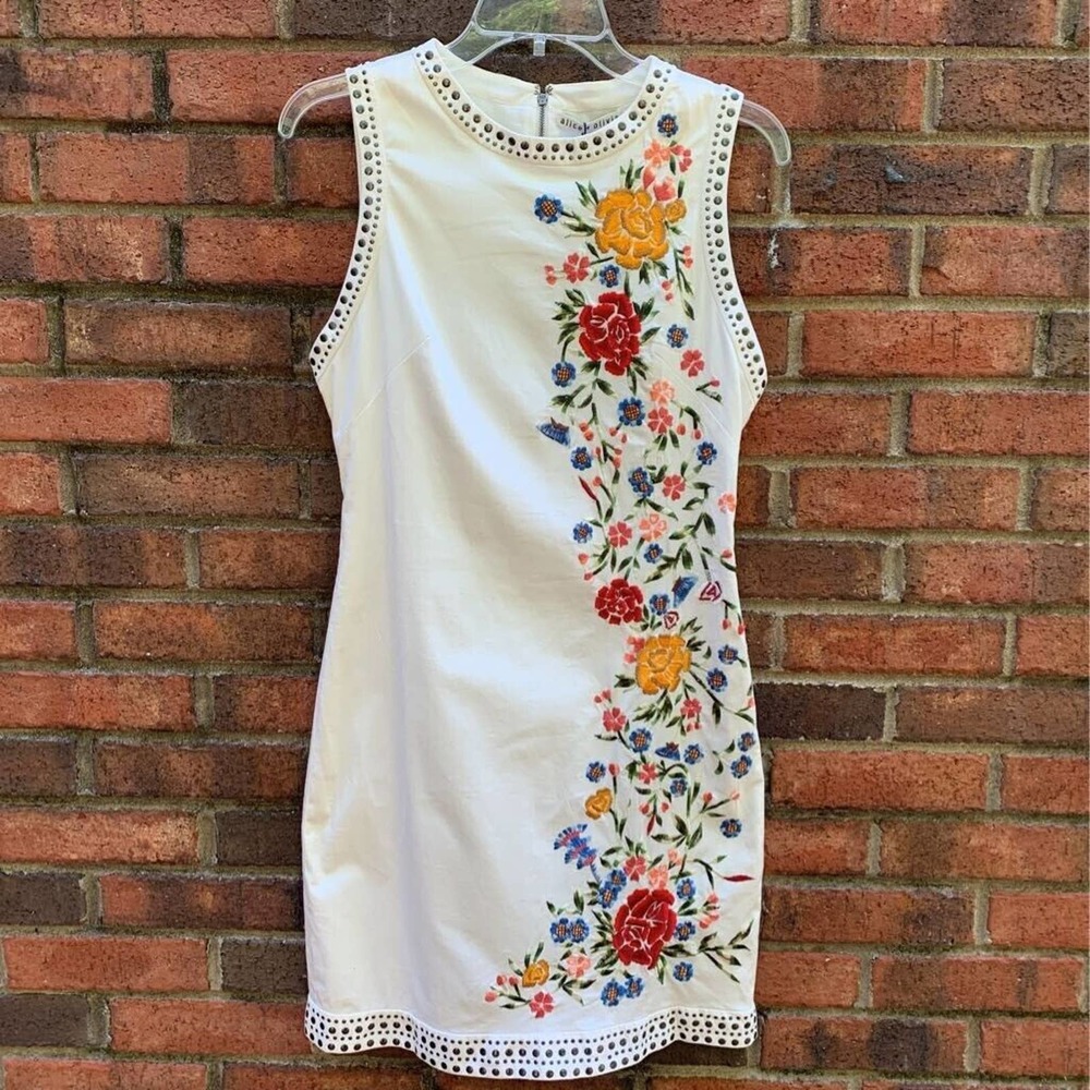 Alice + Olivia Womens Shift Dress Ivory Multicolor Floral Embroidered 8 NWT